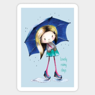 Cute girl in the rain with an umbrella Magnet